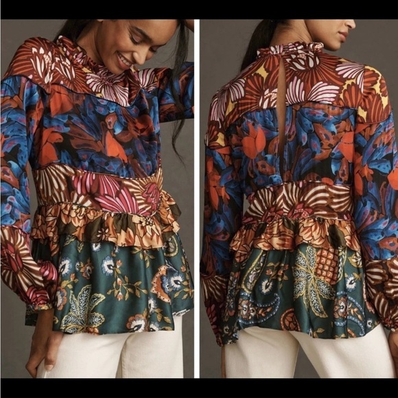 FARM Rio Tops - Farm Rio Anthropologie Long Sleeve Printed Tiered Blouse Sz XS